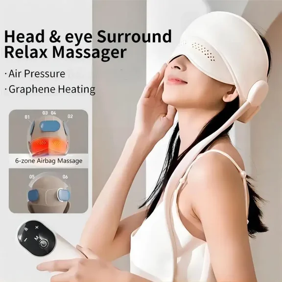 Wireless Rechargeable Head & Eye Massager Cap with 6 Airbags, 4 Massage Modes 3 Adjustable Heat Levels, Low Noise Air Compression Relaxation Tool for Home Travel Daily Stress Relief Gift