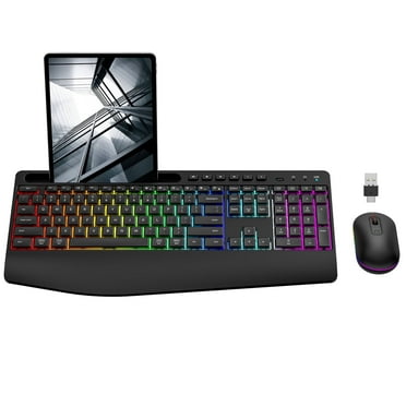Wireless Rechargeable Keyboard and Mouse Combo with 22 Light Modes, RGB Backlit, 2.4G Silent Keyboard with 8.27in Phone Tablet Holder, 3 Brightness Levels, Foldable Stand, for PC/Computer/Laptop