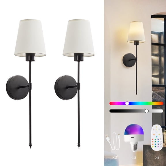 Wireless Rechargeable Wall Sconce Set of 2, RGB Dimmable Light with 15 Colors and Remote Control, Modern Wall Lamp for Bedroom, Living Room, Hallway