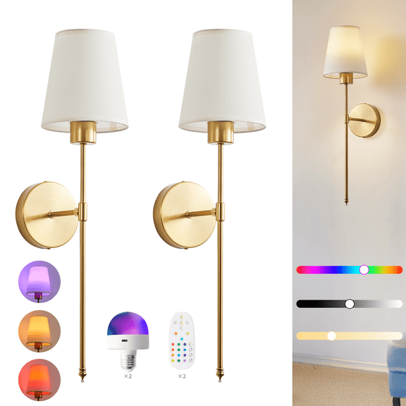 Wireless Rechargeable Wall Sconce Set of 2, RGB Dimmable Light with 15 Colors and Remote Control, Modern Wall Lamp for Bedroom, Living Room, Hallway