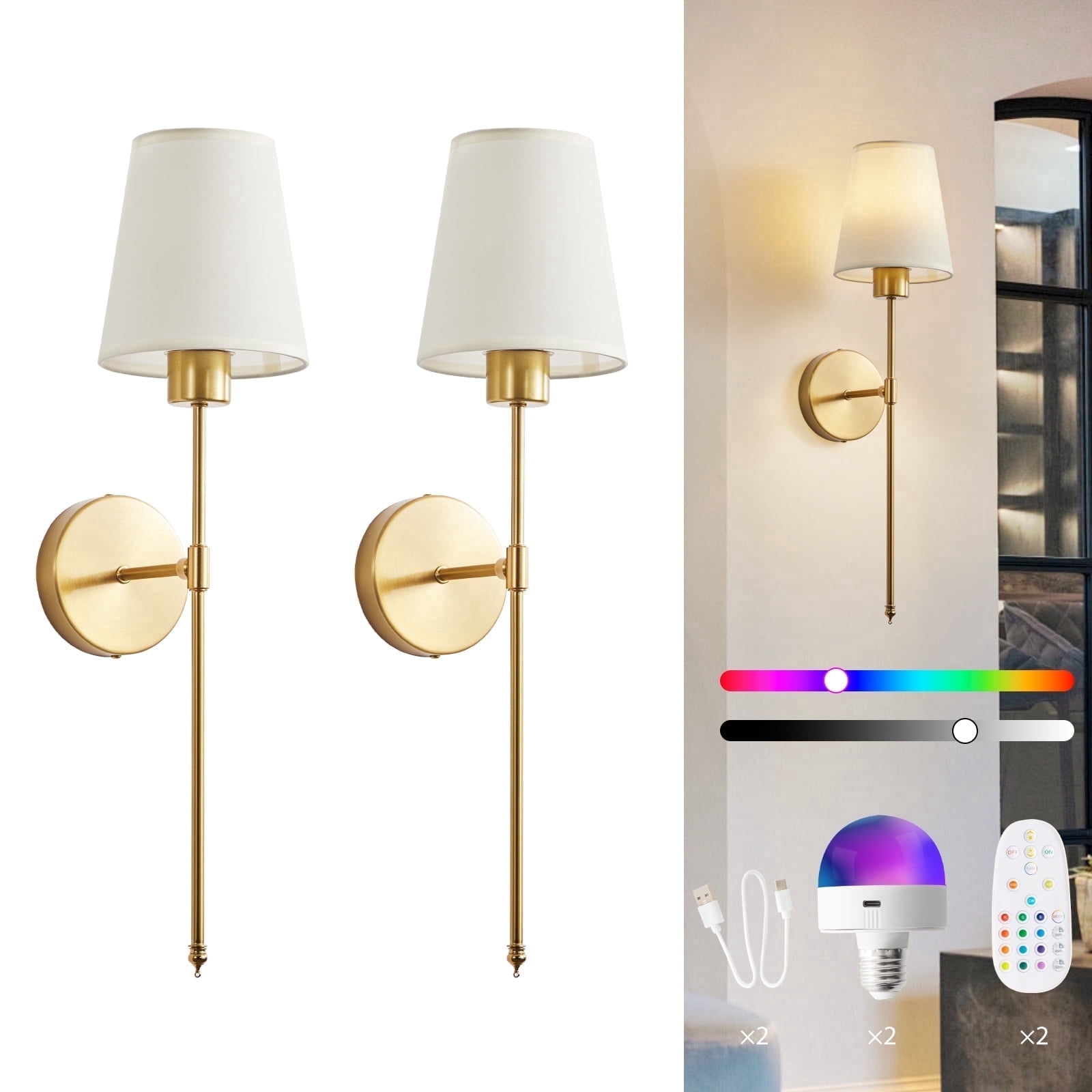 Keyinest Wireless Rechargeable Wall Sconce Set of 2, RGB Dimmable Light with 15 Colors and Remote Control, Modern Wall Lamp for Bedroom, Living Room, Hallway