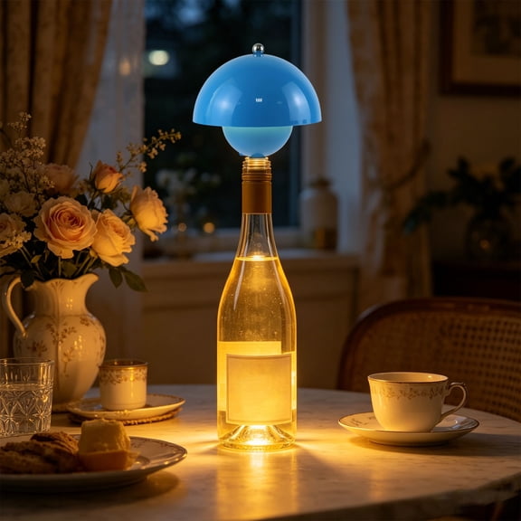 Wireless Rechargeable Bottle Lamp, Mushroom Shaped LED Night Light With 3 Color Modes, Dimmable Bottle Stopper Light For Home Bar Dining Decor(Blue)