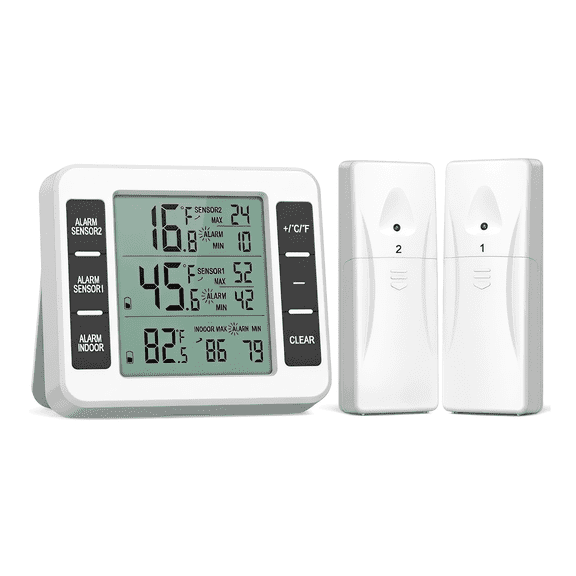 Wireless Refrigerator Thermometer, Digital Fridge & Freezer Thermometer with 2 Wireless Sensors, Dual LCD Display, Temperature Alarm