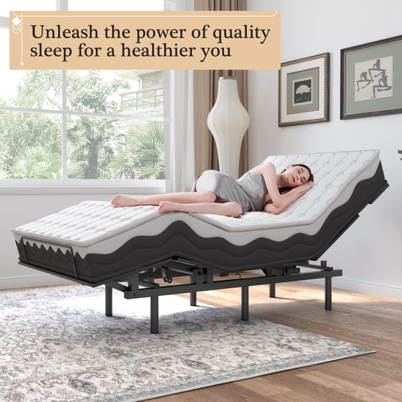 Wireless Remote Adjustable Twin Bed Frame Memory Function Independent Head & Foot Lift Zero Weightless Mode Quiet Motor Back Pain Relief Black