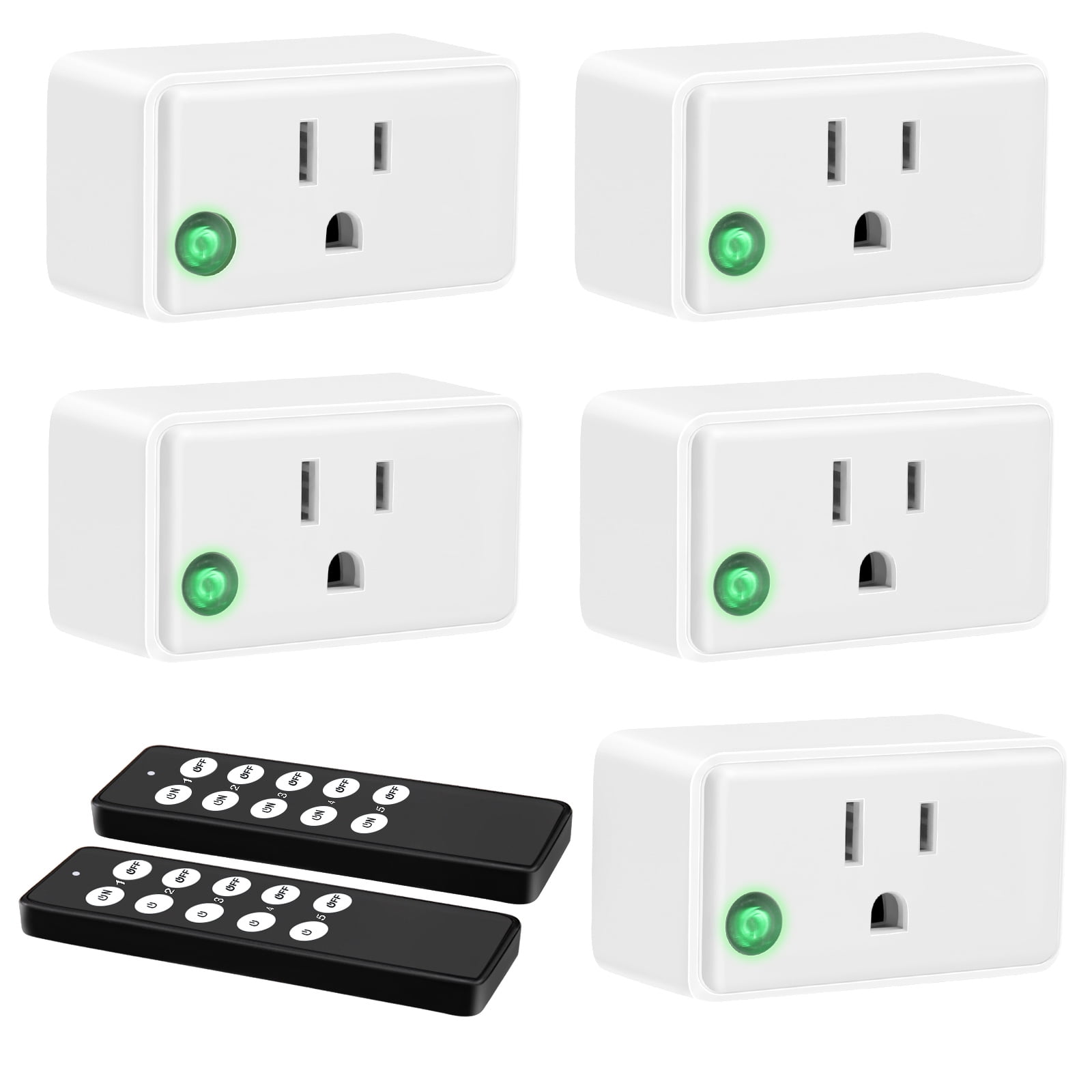 Wireless Remote Control Outlet Plug, Remote Light Switch Kit for Lights,  Fans, Small Appliance, Long Range White (5 Outlets + 2 Remotes) 1800W/15A