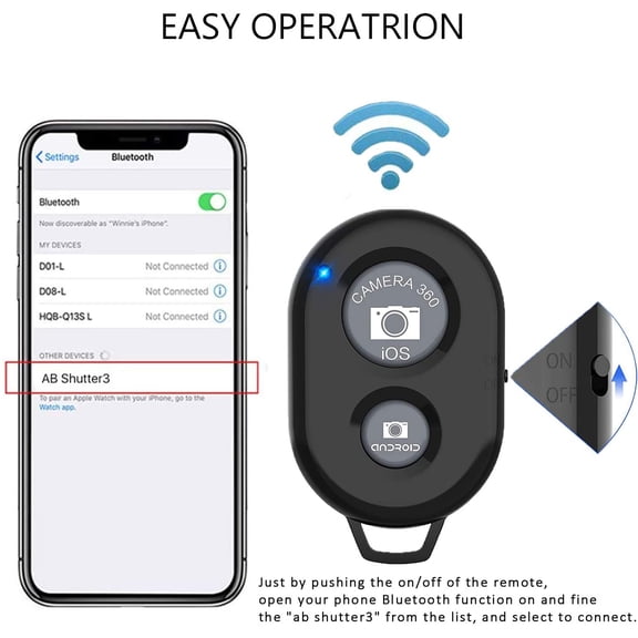 Wireless Remote Shutter for Cellphones and Tablets (3 Pack), AOQIYUE Bluetooth Remote for iPhone/Android Camera Control, Selfie Clicker for Photos and Videos - Wrist Strap Included
