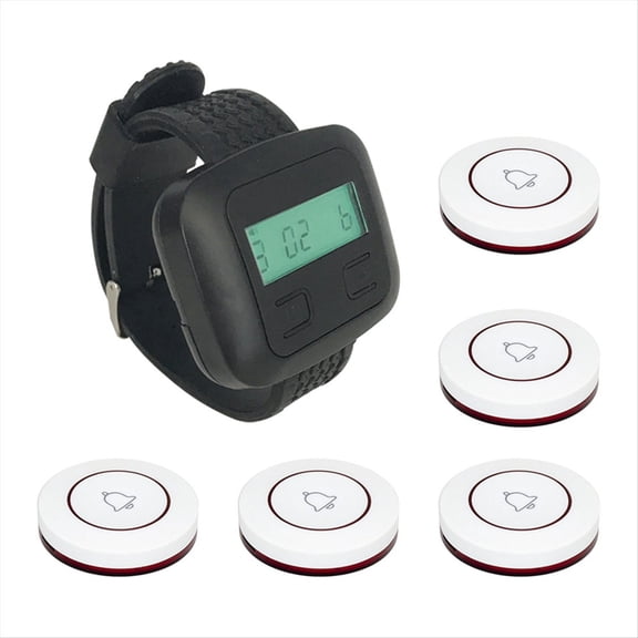 Wireless Restaurant Calling System 5Table Call Button Transmitters 1Watch Pager, Restaurant Waiter Service Bell Buzzer A,1 x watch receiver 5 x call buttons,Black&Red