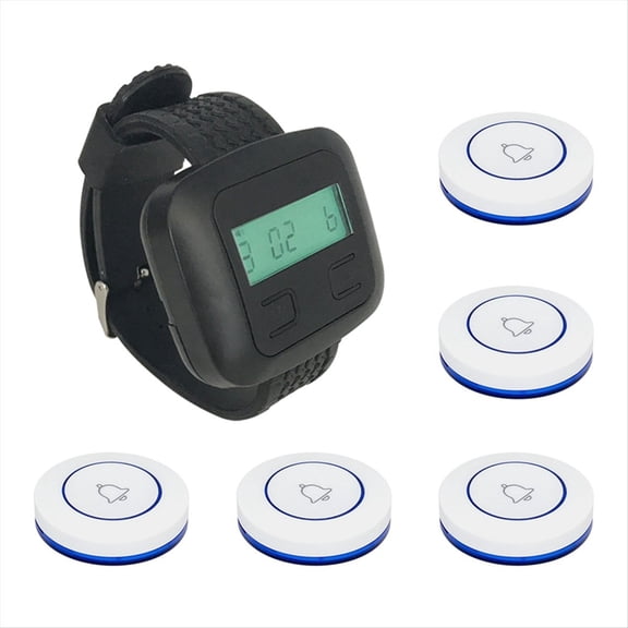 Wireless Restaurant Calling System 5Table Call Button Transmitters 1Watch Pager, Restaurant Waiter Service Bell Buzzer B,1 x watch receiver 5 x call buttons,Black&Blue