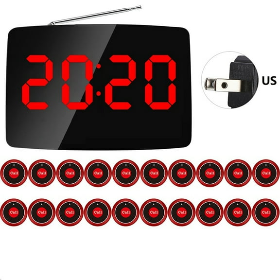 Wireless Restaurant Pager Calling System 20 Call Button with LED Display for Bar Restaurant Customer Service US Plug