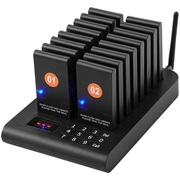 Wireless Restaurant Pager System, 16 Vibrating & Flashing Buzzers for Food Trucks, Churches, Hospitals, Long Range Customer Alert System