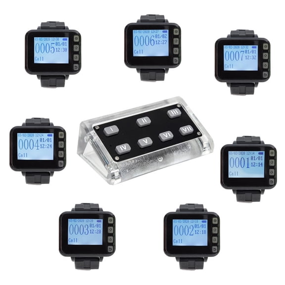 Wireless Restaurant Server Pager System Chef to Waiter Waterproof Call System with 7-Key Transmitter and 7 Watch Buzzer Receivers Waitress Pager System for Kitchen Bar Coffee Shop Hotel