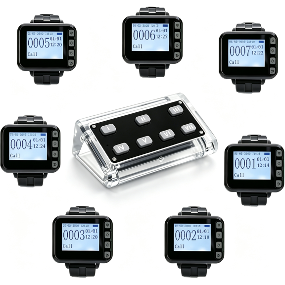 Wireless Restaurant Server Pager System Chef to Waiter Waterproof Call System with 7-Key Transmitter and 7 Watch Buzzer Receivers Waitress Pager System for Kitchen Bar Coffee Shop Hotel
