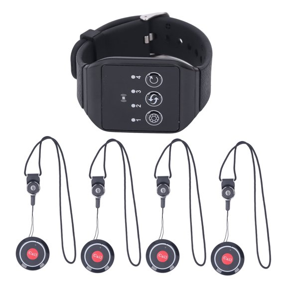 Wireless Restaurant Service Calling System with 1 IPX7 Waterproof Watch Receiver and 4 IPX4 Call Button Pagers, 433.92MHz Patient Caregiver Alert Pager System for Restaurant, Hotel, Hospital