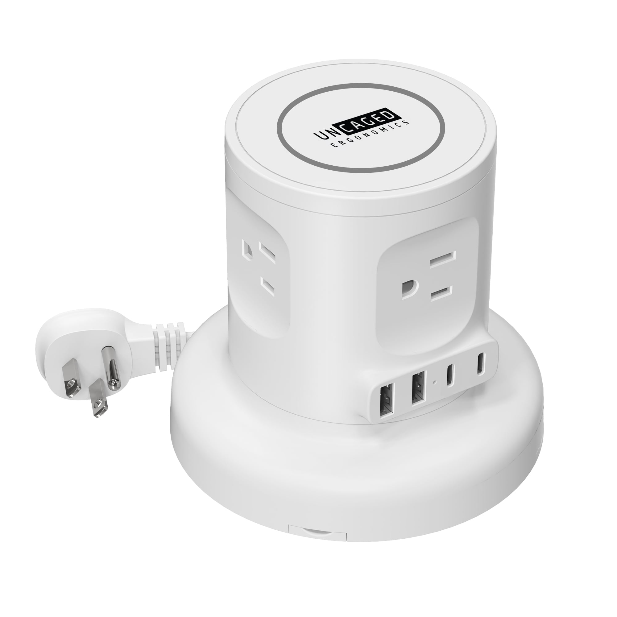 Wireless Retractable Power Strip Tower, 9-in-1 Surge Protector with 4 AC Outlets, 2 USB-C PD, 2 USB-A, 15W Wireless Charger, 6ft Auto-Retracting Cord, Fast Charging Station White