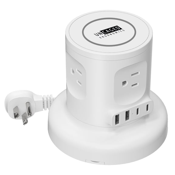 Uncaged Ergonomics 4-AC Outlet, 4-USB Port, Wireless Charging Pad Charger Cube Power Strip with Auto-Retracting 6-Ft. Cord , White