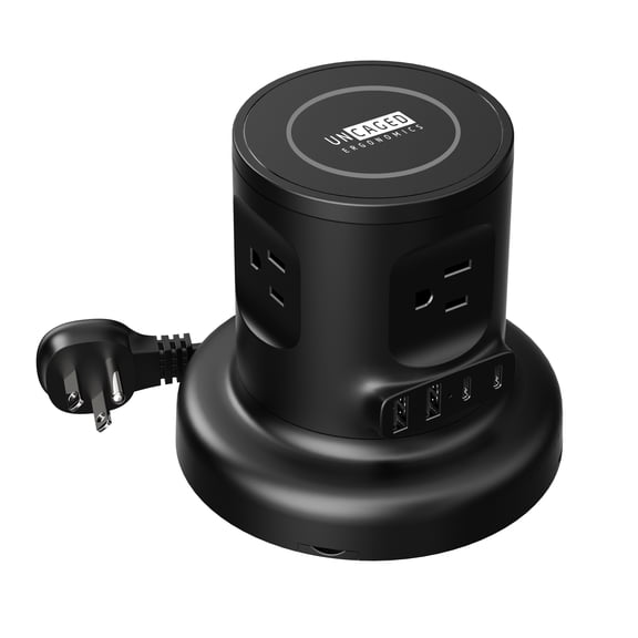 Wireless Retractable Power Strip Tower, 9-in-1 Surge Protector with 4 AC Outlets, 2 USB-C PD, 2 USB-A, 15W Wireless Charger, 6ft Auto-Retracting Cord, Fast Charging Station Black