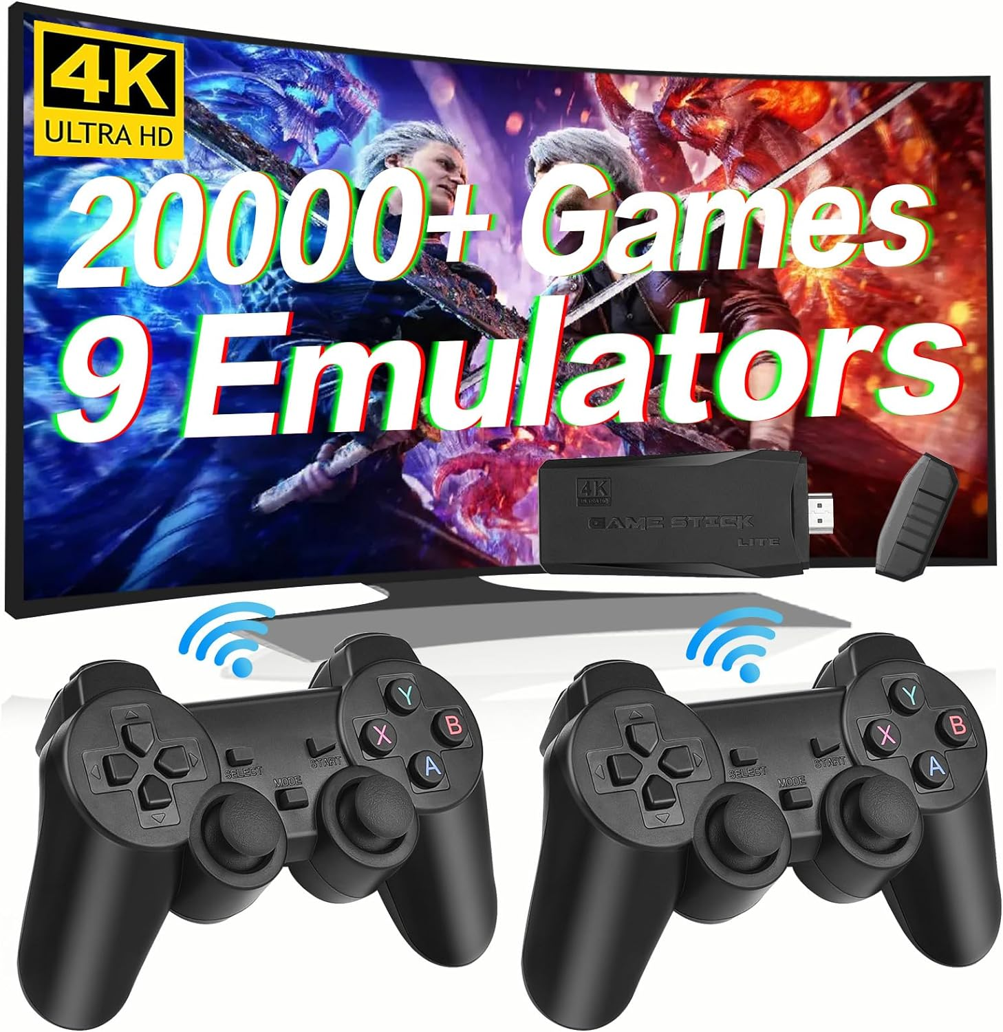 Wireless Retro Game Console, Plug & Play Video TV Game Stick with 20000+ Games Built-in, 9 Emulators, 4K HDMI Nostalgia Stick Game for TV, Dual 2.4G Wireless Controllers (32G/64G/128G)