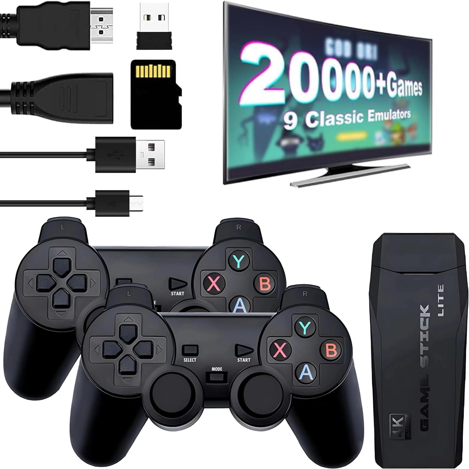 Wireless Retro Game Console, Retro Stick with Builtin 9 Emulators, 20,000+ Games, 4K HDMI