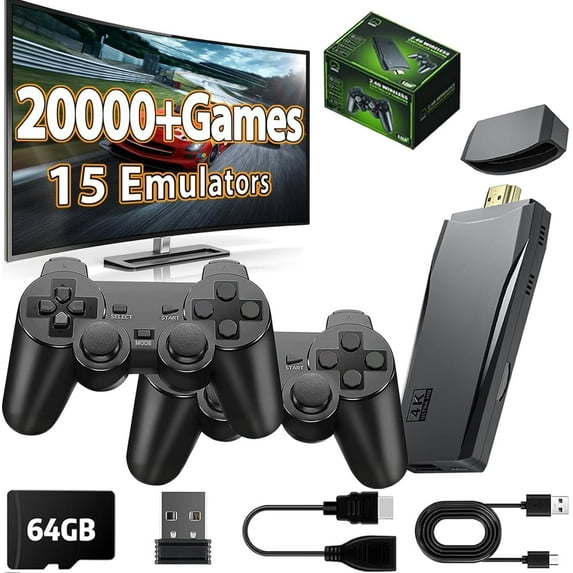 Wireless Retro Game Console Stick, Upgrade Retro Video Gaming Stick Built in 20000+ Games with 23 Emulators, 4K HDMI Output with 2 Pack 2.4G Wireless Controllers for Nostalgia Gifts(64GB)