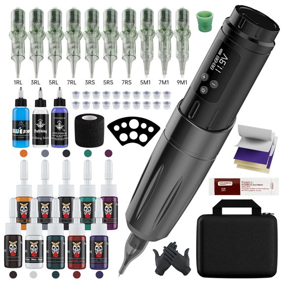 Wireless Rotary Tättoo Pen Kit – Bigtrek Professional Screen Display Tättoo Machine with 1300mAh Battery, 10 Mixed Cartridges, 10 Colors Ink, and Complete Accessories for Lining and Shading