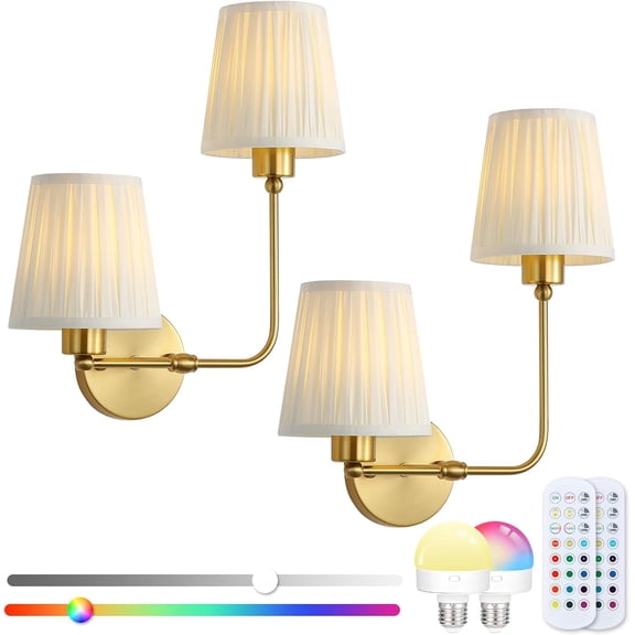 Wireless Sconces Set of 2, Vintage Double Head Battery Operated Wall Sconce, Rechargeable LED Lamps with Remote Control, 15 RGB Colors Cordless Indoor Light for Bedroom Living Room Hallway Fireplace