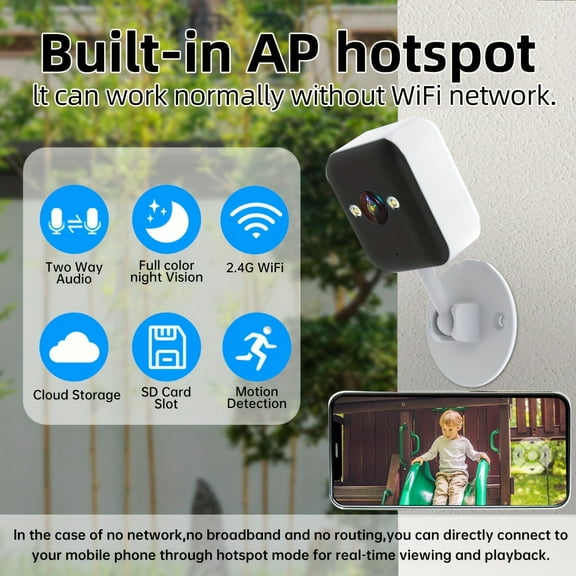 Wireless Security Camera, 1080P FHD with Color Night Vision, Two-Way Audio and Motion Detection, Built-in AP Hotspot & No Internet Needed, Indoor/Outdoor