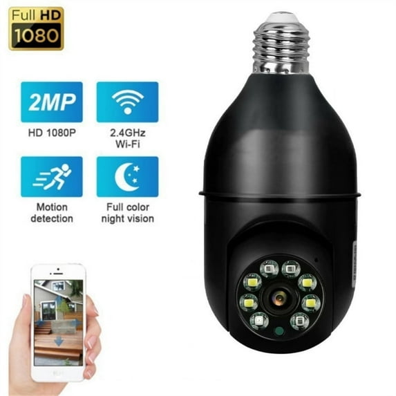 Wireless Security Camera,WiFi IP Camera 2.4Ghz E27 Light Bulb 1080P HD Security Monitor Cam with Infrared Night Vision,Black