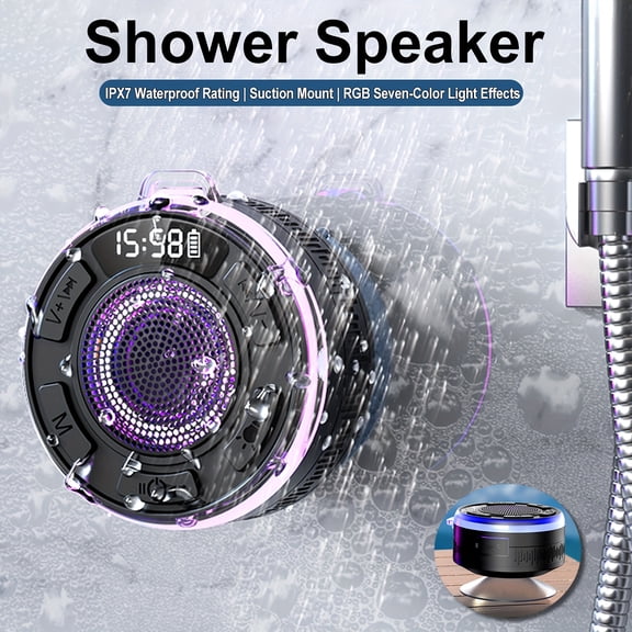 Wireless Shower Speaker - IPX7, Portable Speaker, 5W 45mm Dynamic Driver, with Suction Cup and Time Display, Dynamic LED Lights and Stereo Pairing, Built-in Microphone, Suitable for Bathroom
