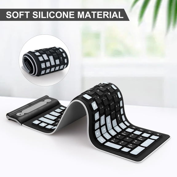 Wireless Silicone Keyboard, 2.4GHz Wireless, Foldable Rollup Keyboard, Waterproof, Dustproof and Lightweight, Perfect for PC, Notebook, Laptop and Travel(Black)