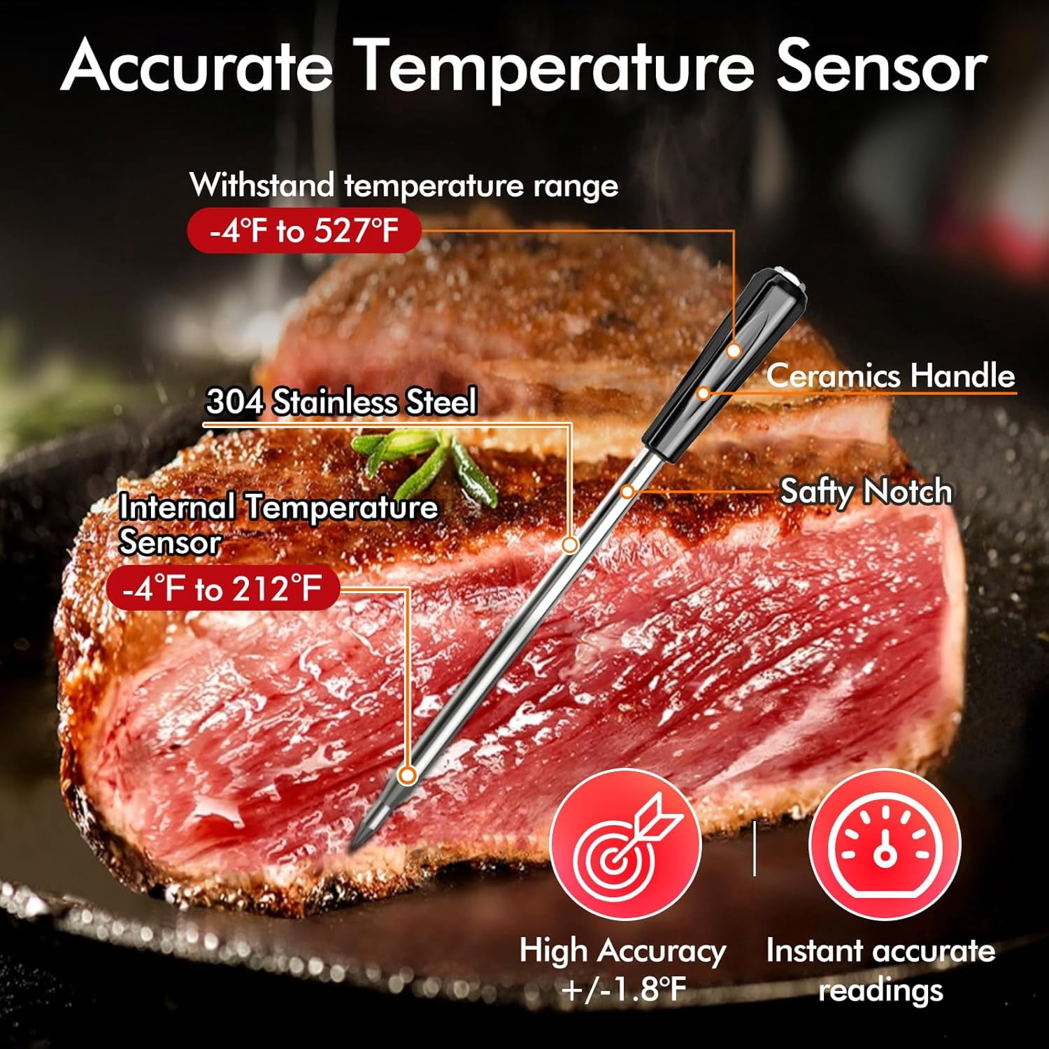Wireless Smart Bluetooth Meat Thermometer Digital for BBQ, Grill, Oven, Smoker, 500ft Range Cooking Thermometer with Ultra-Thin Wireless Meat Probe, Perfect for Steak, Chicken, Turkey