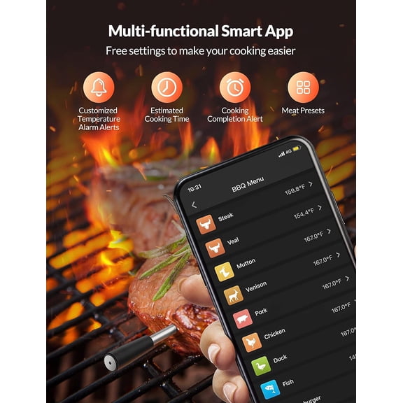 Wireless Smart Meat Thermometer with 2-Probe Set, 262ft Range, IP67 Waterproof, Bluetooth App Control for BBQ, Kitchen, Oven, Grill
