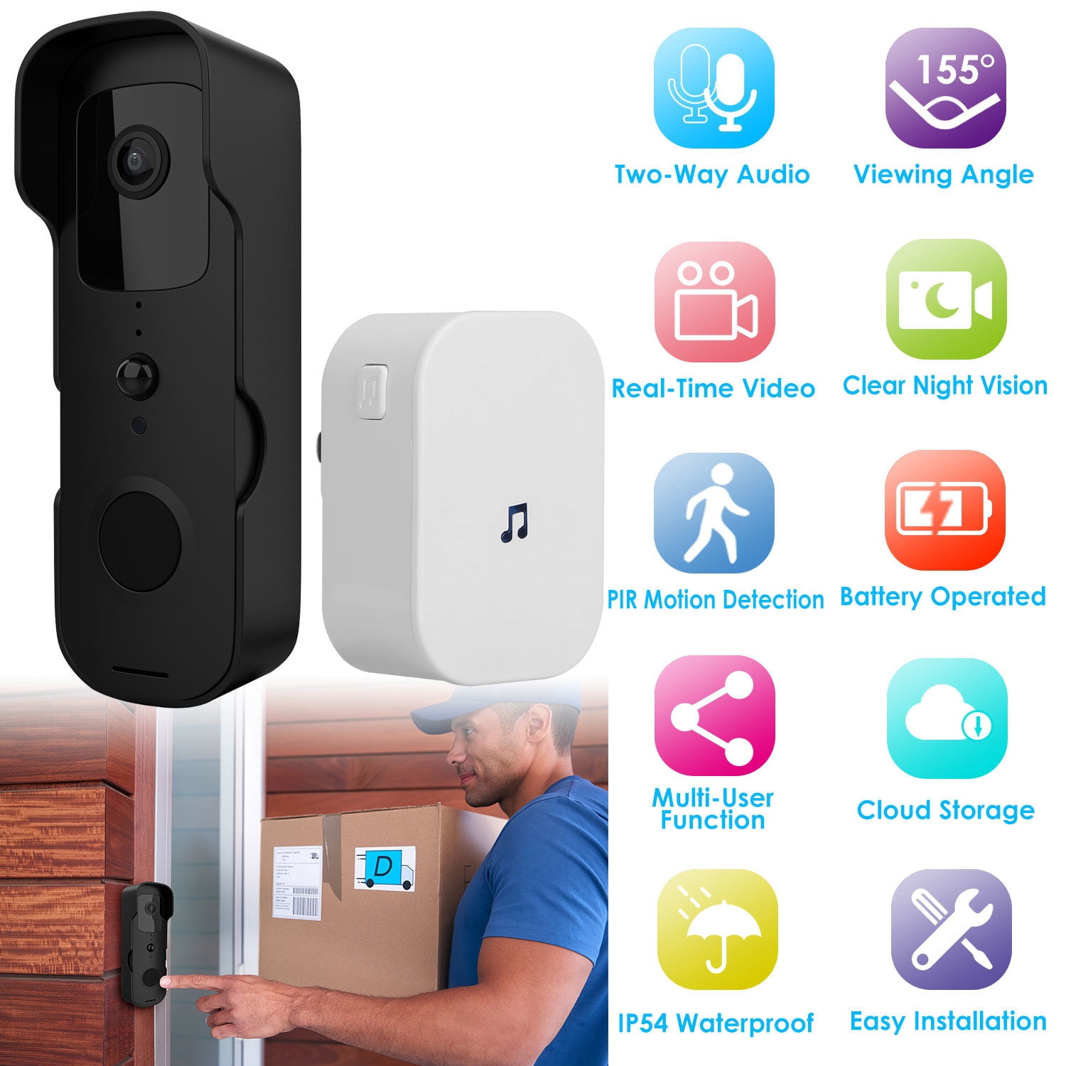 Wireless Smart Video Doorbell Camera 1080P, 155° Wide Angle Two-Way Audio Motion Detection IP54 Waterproof, 90 Days Standby with Chime, Night Vision Free 1-Month Cloud Storage