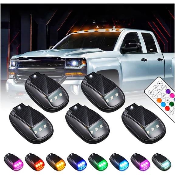 Wireless Solar Cab Lights for Truck,5PCS No Drill Cab Roof Top Marker Lights with 8-Color,Waterproof Solar-Powered LED Marker Lights with Vibration Sensor, Remote Control for Jeep Pickup SUV ATV