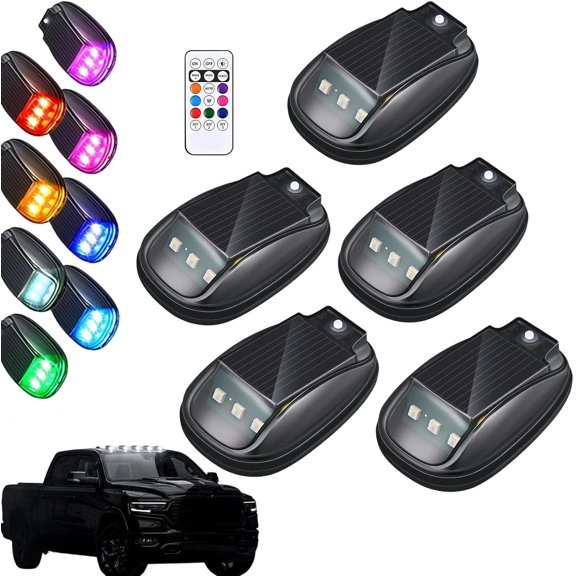 Wireless Solar Cab Lights for Truck,5PCS No Drill Cab Roof Top Marker Lights with 8-Color,Waterproof Solar-Powered LED Marker Lights with Vibration Sensor, Remote Control for Jeep Pickup SUV ATV