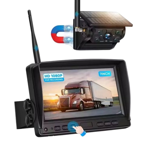 Wireless Solar Powered Reverse Backup Camera with 1080P AHD 7" Rear View DVR Recording Monitor for Car/Truck/Trailer