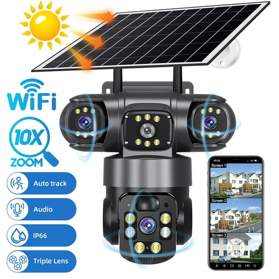 Wireless Solar Powered Security Camera Outdoor 9MP 3-Lens with 8000mAh Battery, PIR Human Detection, 355 Pan 90 Tilt, 2-Way Audio, IP66 Waterproof, Full-Color Night Vision