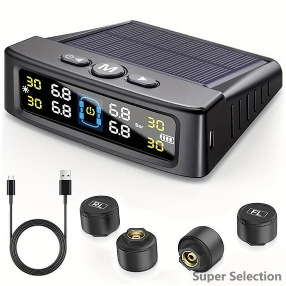 Wireless Solar TPMS With 4 External Sensors, Real-Time Tire Pressure Monitoring System With Temperature Alerts, 3.5" LCD Display For Cars, SUVs, Trucks (0-87 PSI Range),TY01,One Size