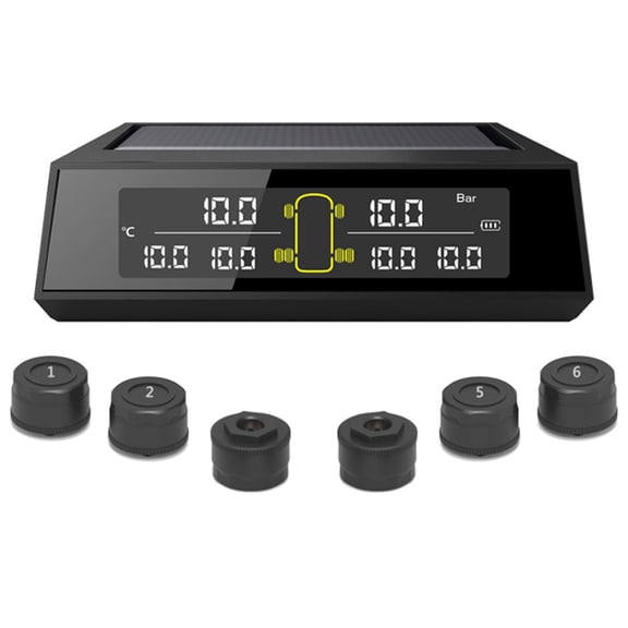Wireless Solar TPMS with LCD Display, 433MHz External Sensor Tire Pressure Monitoring System for Car Truck SUV Van, Real-Time & USB Charging, Supports 4-6 Tires(external)