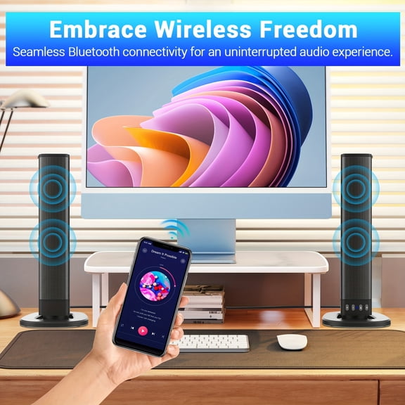 Wireless Sound Bar for Smart TV, Surround Soundbar with Bluetooth, RCA, and AUX Connectivity, Volume Control, 2-in-1 Detachable Design for TV, PC, Gaming, and Projectors