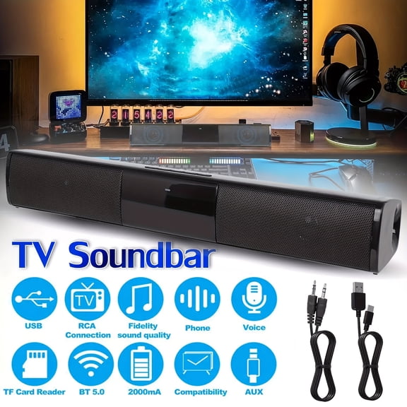 Wireless Soundbar for Smart TV, 13" Speaker with TF/AUX/FM/USB/TWS, Surround Sound for TV, PC, Projector
