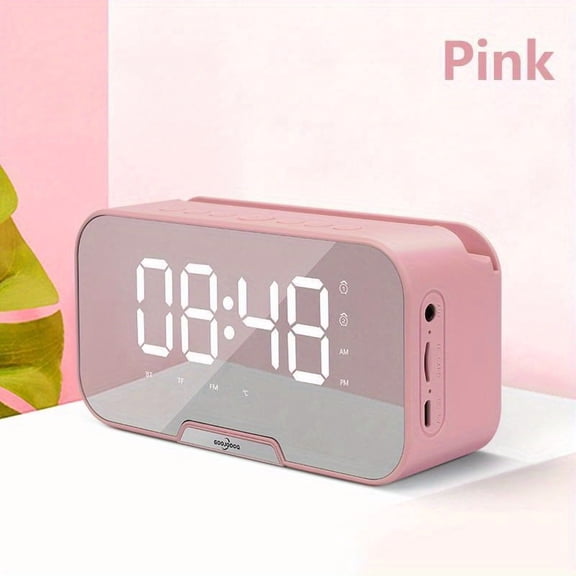 Wireless Speaker Alarm Clock with FM Radio, Wireless Microphone & Mirror Display, Portable USB Smart Speaker System, TF Card Reader, Volume and Brightness Control, Pink, Ideal Gift