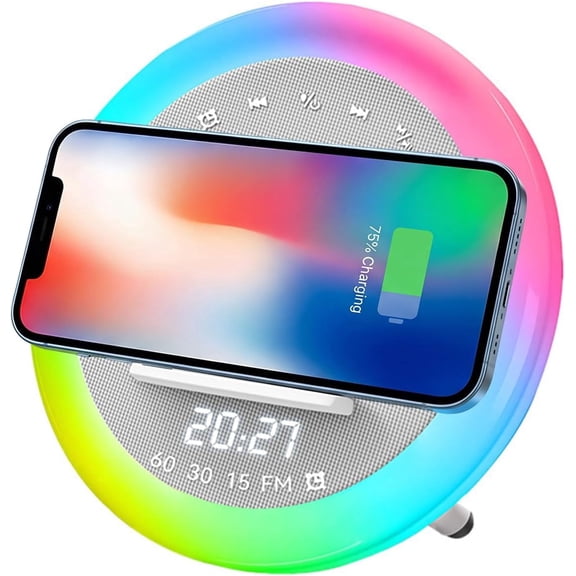 Wireless Speaker,Bluetooth Speaker Clock with 15W Fast Charging, White Noise Night Light,Cell Phone Holder Portable Speaker,Clear Audio for Home Bedroom Office, Perfect Birthday Gift for Men Women