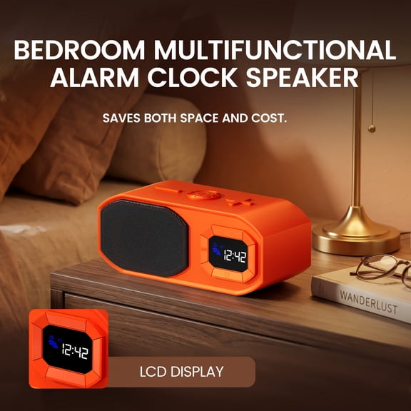 Wireless Speaker with Digital Alarm Clock, HD Sound, TWS Pairing, Rechargeable, Suitable for Home Bedroom Dorm Camping