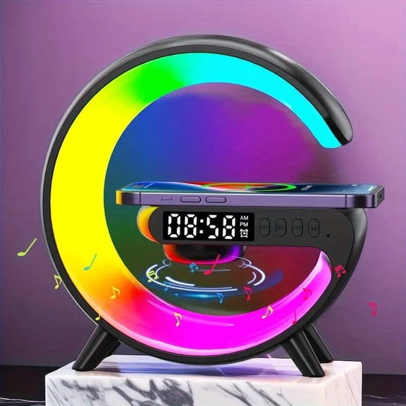 Wireless Speaker with Sunrise Alarm, RGB Rhythm Light & Fast Charging, Ideal Bedroom Wake-up Lamp for Qi-Enabled Phones, Perfect Gift