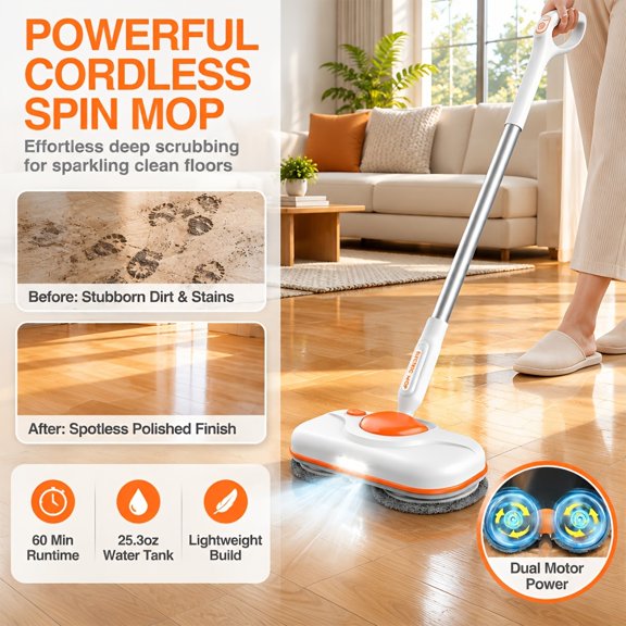 Wireless Spin Electric Floor Mop, Built-in LED Light & Auto Sprayer, 25.36Oz Tank, Up to 60 Minutes Working Time, Lightweight ABS Floor Cleaner for Hardwood, Tile and Laminate Floors