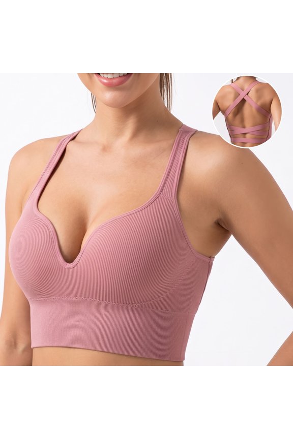 Wireless Sports Bra for Women Pink Small - Seamless Ribbed Yoga Bralette with Crisscross Strappy Back, Padded Cups, Breathable Micro-Mesh Lining and Soft Binding
