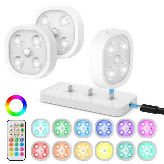 LUFF Wireless Step Light Rechargeable Puck Lights with Charging Station, Colorful RGB Motion Sensor Puck Light Under Cabinet Lighting with Remote Control, LED Closet Lights for Stair, Kitchen (3 Pcs)