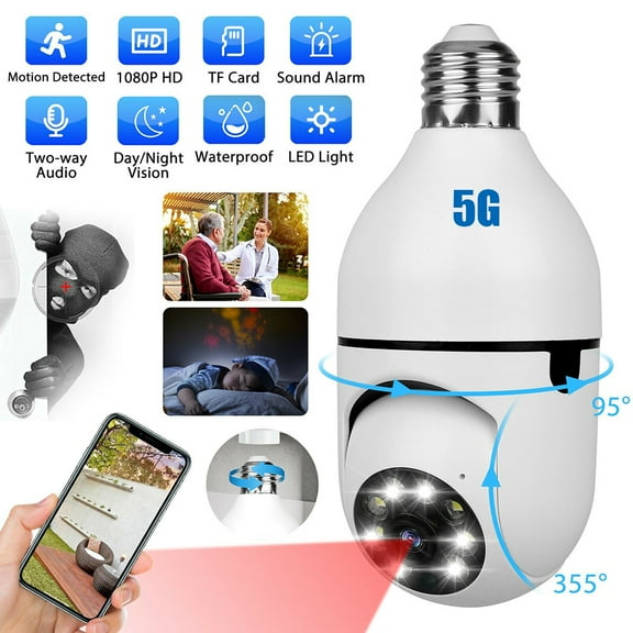 Wireless Surveillance Camera, 5G Wifi E27 Light Bulb Camera, Motion detection Night Vision Security Camera for Home Outdoor