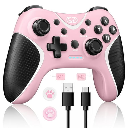 Wireless Switch Pro Controller Compatible with Nintendo Switch/Lite/OLED/Switch 2, Windows PC, iOS, and Android - Programmable, Vibrating, Turbo, and Wakeup with 2 Thumb Caps Included (pink)