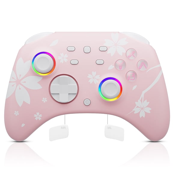 Mytrix Wireless Controller for Switch/Switch 2, PC, iOS & Android – Bluetooth Gamepad with Hall Effect Joysticks, Programmable, Turbo, Vibration, LED Lights, Pink Sakura Design